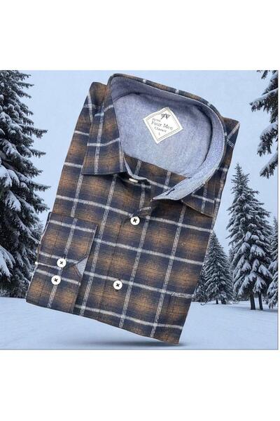 EREN STYLE Cămașă clasică din țesătură de flanel de iarnă, 100% bumbac, cu mâ...
