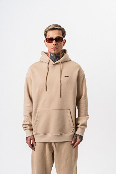 Respire Ανδρικό μπλουζάκι με κουκούλα με λεπτομέρεια κειμένου Basic Oversize Hoodie Beige