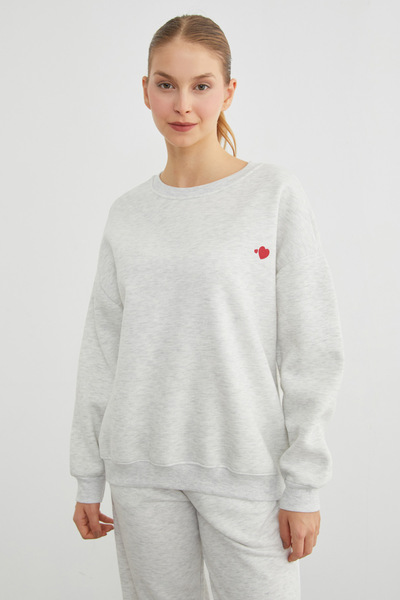 Fulla Moda 3 İplik Kalp Baskılı Bisiklet Yaka Sweatshirt