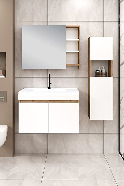 Fly Mobilya %100 Mdf 80 cm Saura Banyo Dolabı + 30 cm Saura Boy Dolabı