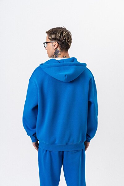 Respire Ανδρικό μπλουζάκι με κουκούλα με λεπτομέρεια κειμένου, βασικό με φερμουάρ, oversize, μπλε