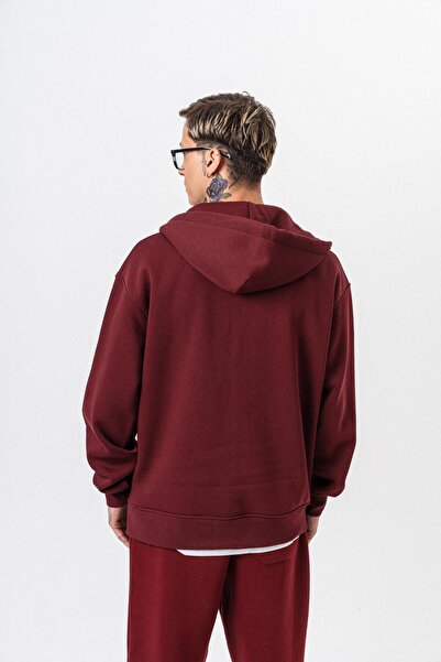 Respire Men's Text Detailed Hooded Basic Zip Oversize Hoodie Burgundy