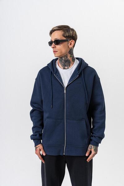 Respire Ανδρικό φούτερ με κουκούλα με λεπτομέρεια κειμένου, βασικό φούτερ με φερμουάρ, oversize, μπλε ναυτικό