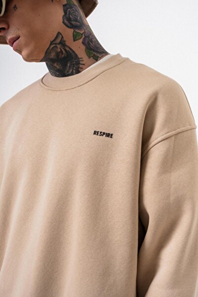 Respire Men's Basic Oversize Sweatshirt with Text Detail Beige