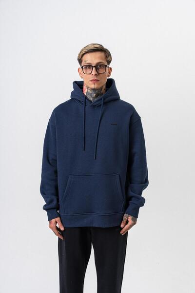 Respire Ανδρικό μπλουζάκι με κουκούλα με λεπτομέρεια κειμένου Basic Oversize Hoodie Navy Blue