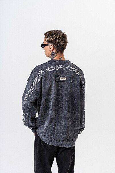 Respire Men's Origin Printed Washable Crew Neck Oversize Sweatshirt Black