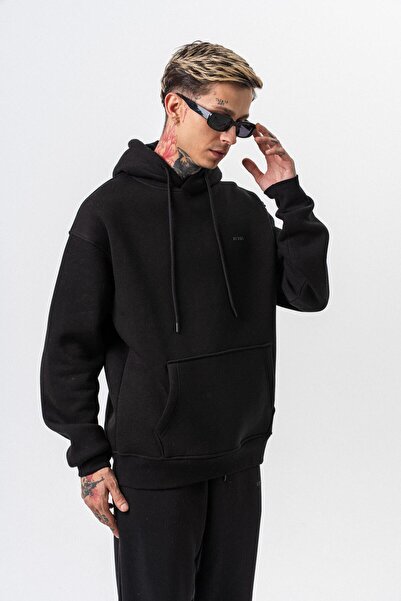 Respire Ανδρικό μπλουζάκι με κουκούλα με λεπτομέρεια κειμένου Basic Oversize Hoodie Μαύρο