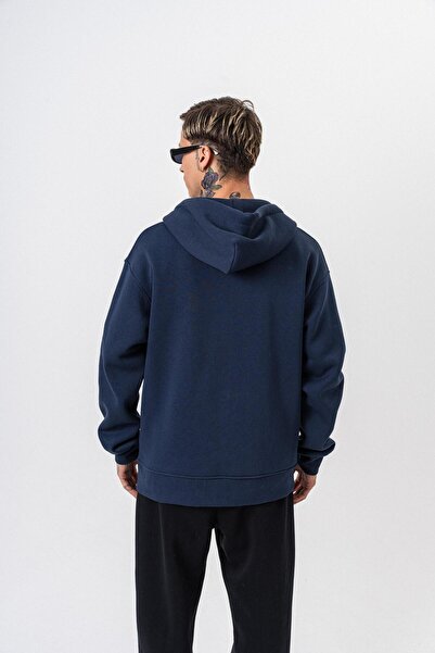 Respire Ανδρικό φούτερ με κουκούλα με λεπτομέρεια κειμένου, βασικό φούτερ με φερμουάρ, oversize, μπλε ναυτικό
