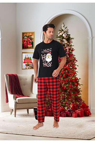 Intisimo Pijamale bărbătești, cu tematică de Crăciun, HoHoHo, bumbac, negru/roșu - XL