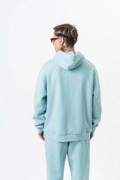 Respire Ανδρικό μπλουζάκι με κουκούλα με λεπτομέρεια κειμένου Basic Oversize Hoodie Baby Blue