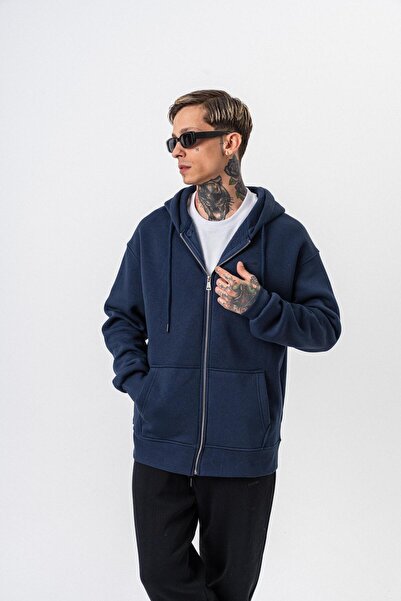 Respire Ανδρικό φούτερ με κουκούλα με λεπτομέρεια κειμένου, βασικό φούτερ με φερμουάρ, oversize, μπλε ναυτικό