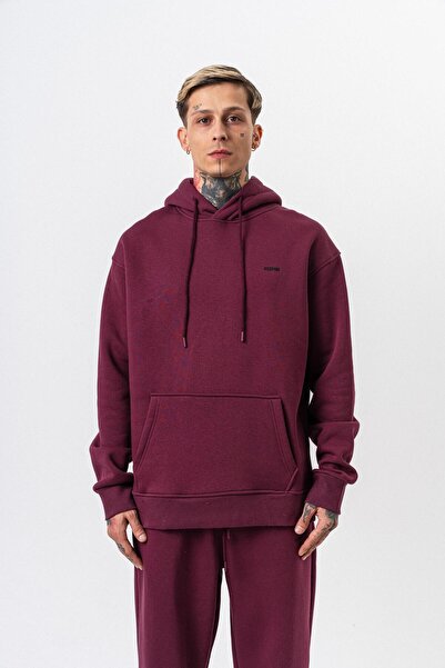 Respire Erkek Yazı Detaylı Kapüşonlu Basic Oversize Hoodie Vişne