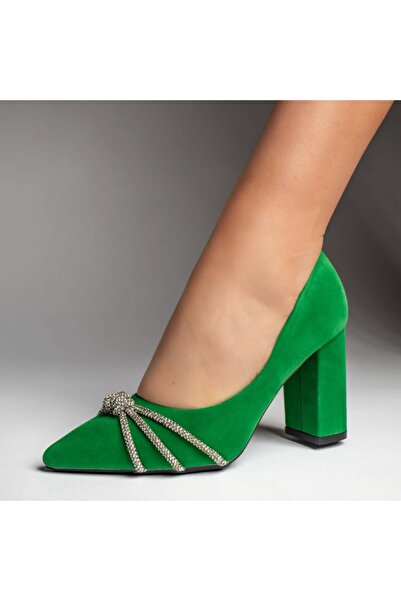 Modlet.ro Women's green suede block-heel shoes with metallic details MOD10990