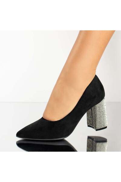 Modlet.ro Pantofi de damă negri din piele întoarsă cu toc gros MOD13836