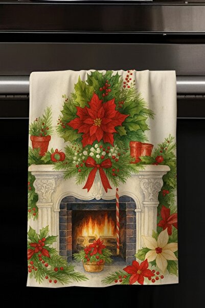 Else Dekor Christmas Fireplace Patterned Decorative Washable Cotton Kitchen Oven Hand Towel