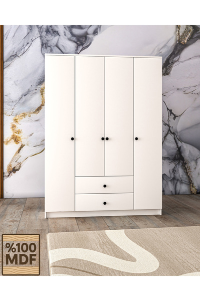 İdeal home 4 Kapılı Dolap %100 MDF Çekmeceli Geniş İç Hacim Kapaklı Beyaz Gardırop
