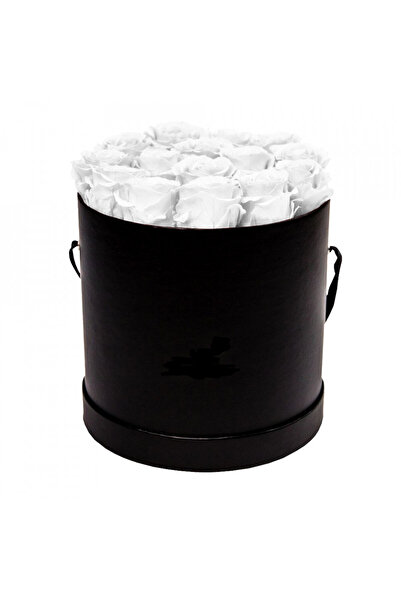 velve Aranjament floral cu 15 trandafiri de sapun, in cutie neagra rotunda, Crem