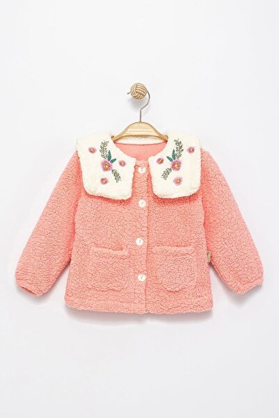 Minigimin Cicileri My Little Girl's Cardigan with Lamb Collar and Floral Embr...