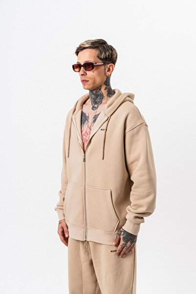 Respire Ανδρικό μπλουζάκι με κουκούλα με λεπτομέρεια με κείμενο, βασικό με φερμουάρ, oversize, μπεζ