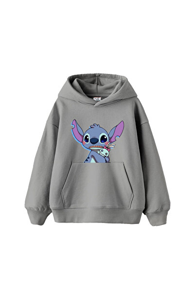 Sekizbiraltı Γκρι φούτερ με κουκούλα με στάμπα Stitch Baby, Oversize Unisex