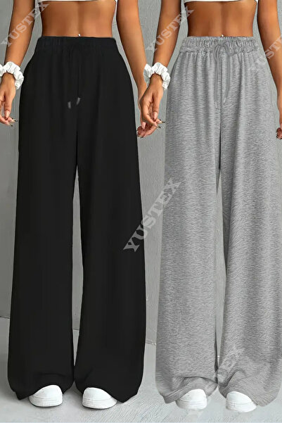 LOSSİA 2 τεμάχια Διπλόχρωμο Γυναικείο Μαύρο Γκρι Φαρδύ Παντελόνι Μεγάλου Μεγέ...