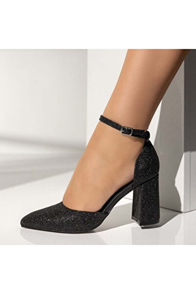 BMoD Pantofi negri cu sclipici pentru femei, cu toc gros și bareta MOD13922