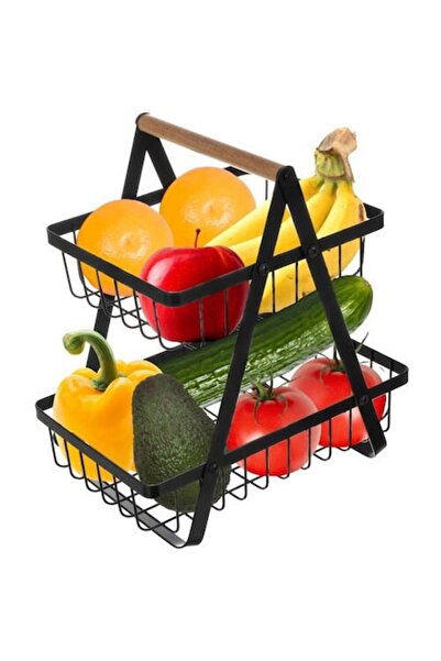 SMARTECH Cos pentru Fructe si Legume, cu doua etajere, din metal, maner din lemn, Negru