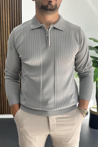 Edwox Erkek Çizgi Desenli Normal Kalıp Kazak Gri Edw422