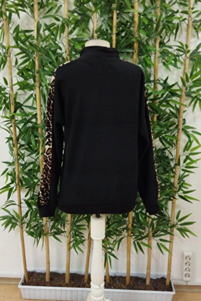 Mossta Zippered Collar Leopard Stripe Fleece Blouse - Black