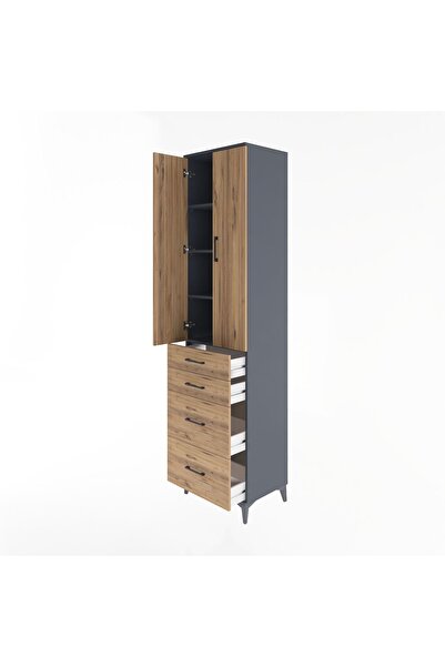 Dienni Hyperion Dolap 4 Raflı 4 Çekmeceli 2 Kapaklı 60x44x243 Antrasit-Çam