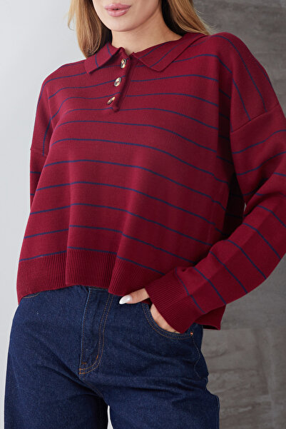 DPARİS Striped Polo Neck Buttoned Knitwear Sweater