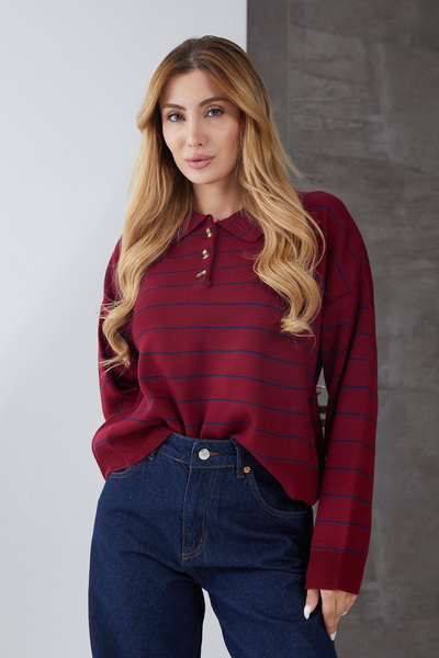DPARİS Striped Polo Neck Buttoned Knitwear Sweater