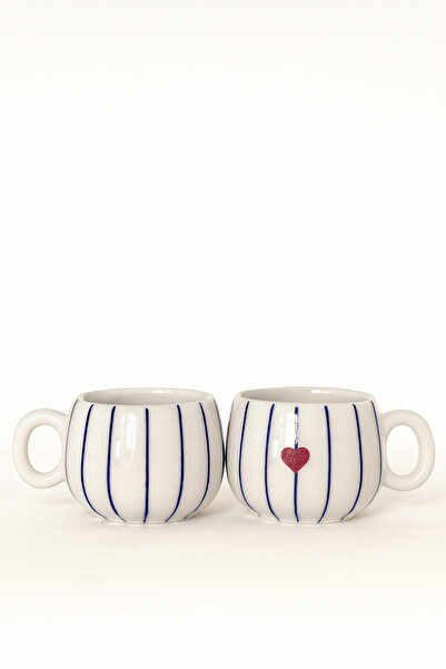 Genel Markalar 2' Li Kalp Desenli Çizgili Seramik Türk Kahvesi, Kupa, Türk Kahve Fincanı, Fincan, Mug