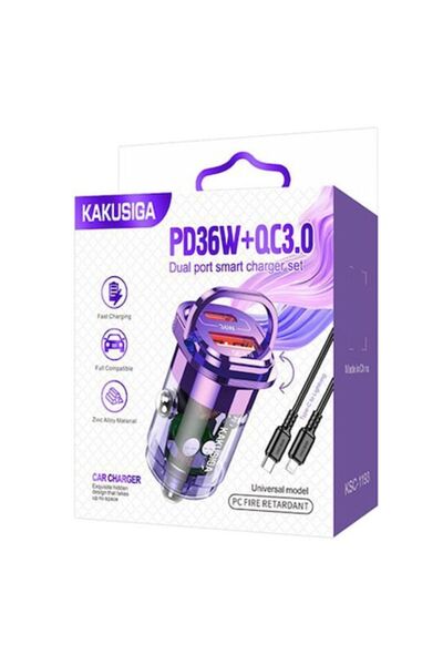 KAKU Încărcător Auto (KSC-1193) + Cablu Lightning, 1m, PD36W, 1xUSB-C, 1xUSB-A, Mov