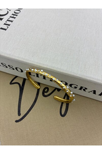 Hedef Bijuteri Çelik Gold Renk İncili Zirkon Taşlı,Kelepçe Bileklik