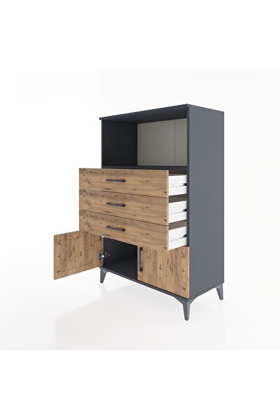 Dienni Hyperion Dolap Tek Raflı 3 Çekmeceli 2 Kapaklı 88x44x134 Antrasit-Çam