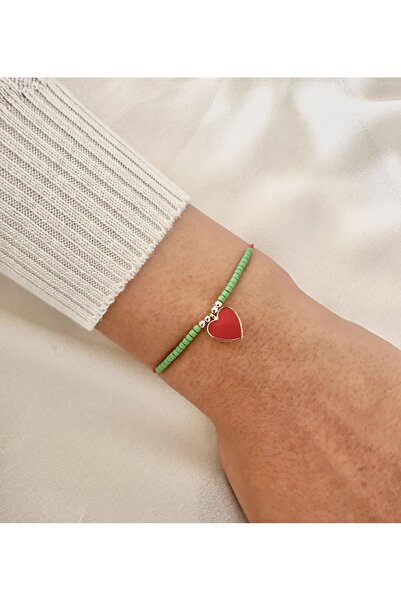 Atelier Çağla Red Heart Green Afghan Beads Red String Bracelet
