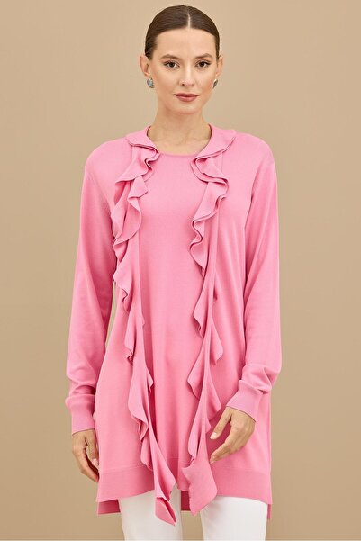 Tığ Triko Fular Detaylı Rayon Tunik PEMBE