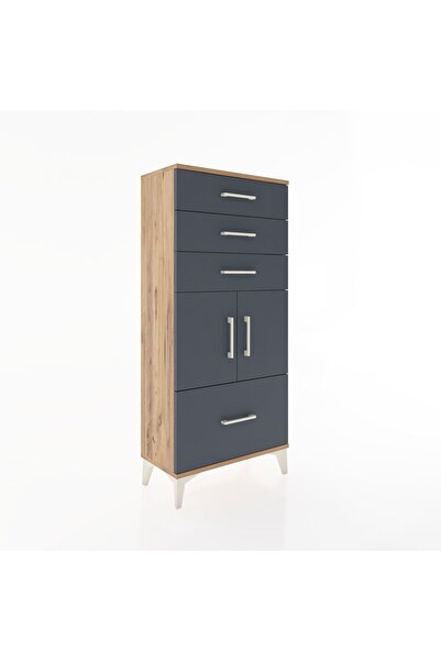 Dienni Hyperion Dolap Tek Raflı 4 Çekmeceli 2 Kapaklı 60x44x134 Çam-Antrasit