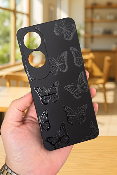 Vip Case Oppo A60 Uyumlu Siyah Kelebek Desenli Silikon Darbe Emici Klasik Korumalı Rubber Kılıf
