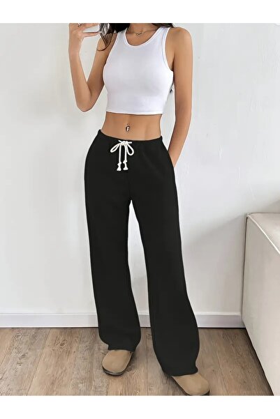 LOSSİA Γυναικείο μαύρο φαρδύ παντελόνι φόρμας μεγάλου μεγέθους, υψηλής ποιότη...