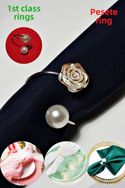Armashine 4 Pieces Metal Ringed Cream Gift Pearl Napkin Rings - Dowry Rose Flower Pearl Napkin Ring