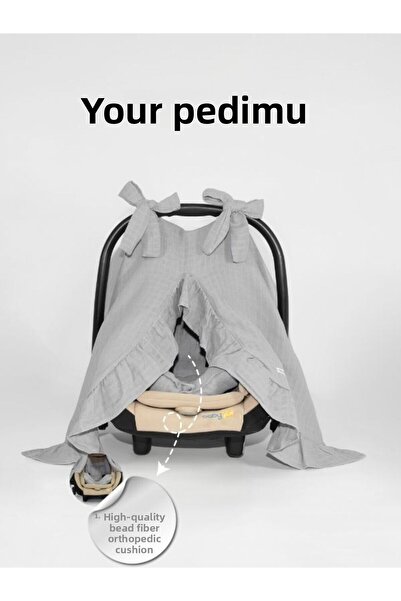 Pedimu Muslin Gray Color Ruffle Detailed Stroller Cover and Stroller Cushion Set