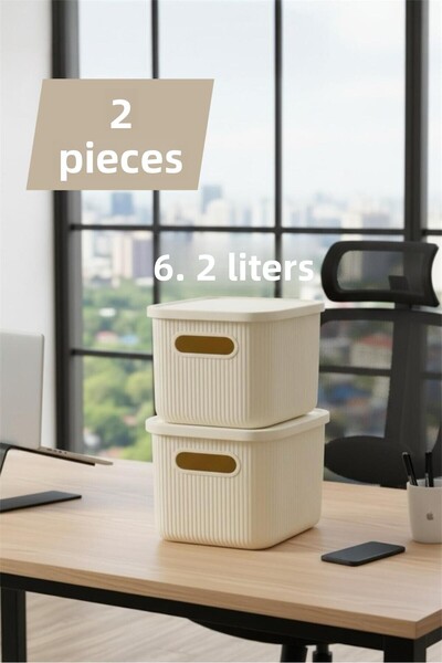 Bayev Colors Cream 2 Pieces 6 Lt Office Cabinet Organizer Organizer Toy Box Storage Box with Lid