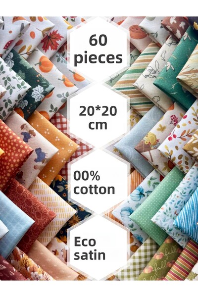 FabricMarket 100% Cotton Satin Patchwork Fabric Set – 60 Pieces 20X20 Cm, Autumn and Pumpkin Themed