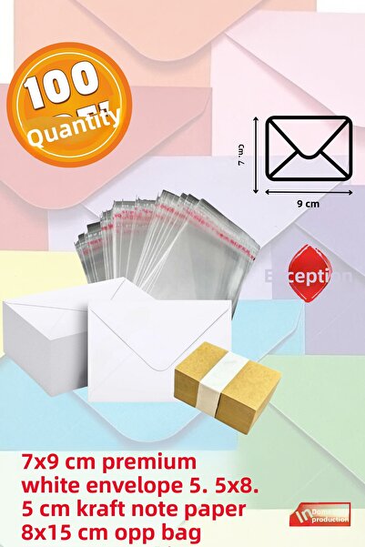 İstisna 100 Pcs 7X9 cm White Envelopes Cute Mini Card Envelopes with Kraft Note Paper and Opp Bag Gift