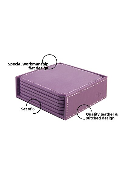 2K Coasters, Set of 6, Desktop Square Cup Coaster, Vegan Faux Leather, 11X11 Cm., Lilac