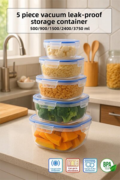 Depa Square 5 Piece Vacuum Sealed Airproof Storage Container Set with Gasket ...