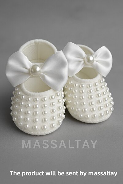 Massaltay حذاء أطفال بفيونكة مزينة باللؤلؤ الأبيض، هدية لولادة الطفل