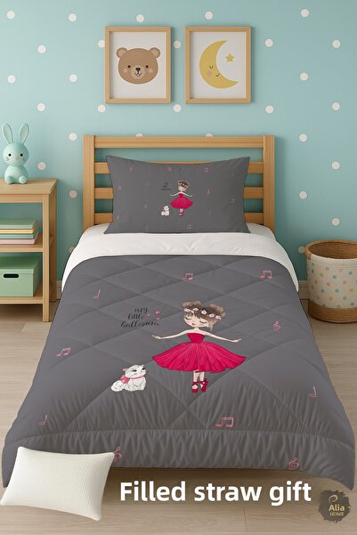 Talia Home Gray Ballerina Girl Patterned Single Children's Quilt Sleeping Set Tlag-190